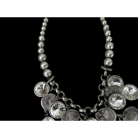Vintage VCLM Necklace Silver Tone Crystals & Hammered Disks 14" Drop - Picture 4 of 9